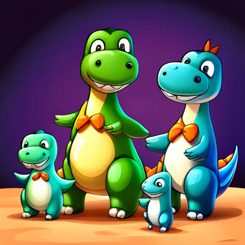 Baby dinosaur's family happily together with Friendly green dinosaur with a kind smile.