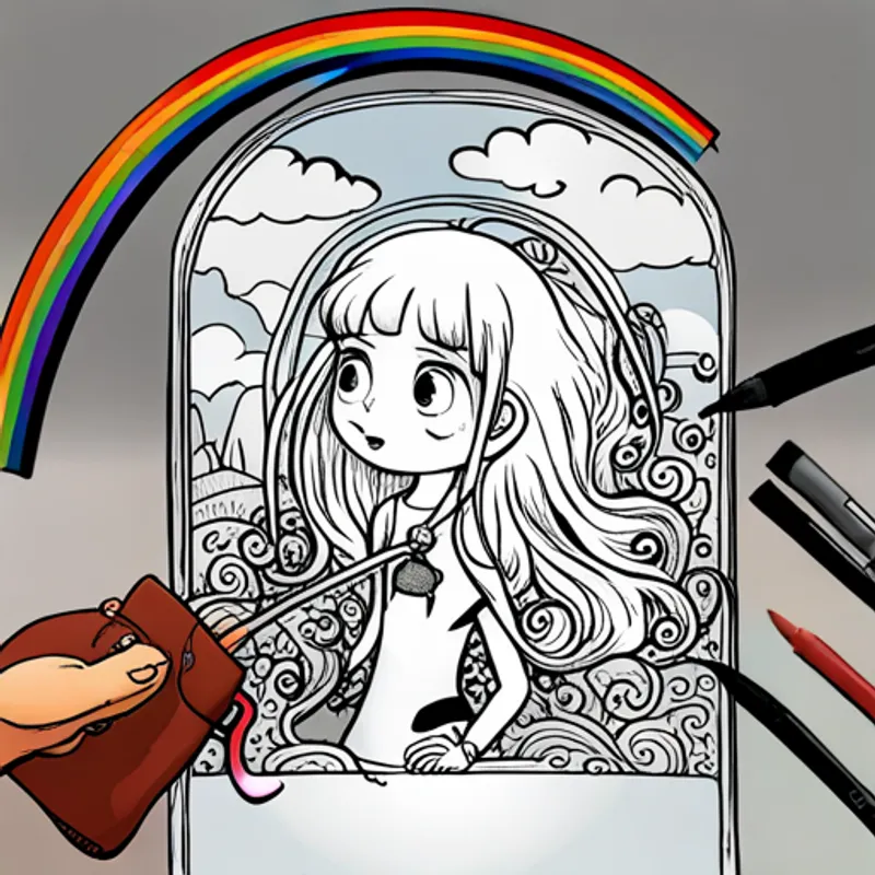 Menina curiosa com lupa e cabelo preto caminhando em direção ao arco-íris com paisagens coloridas ao redor