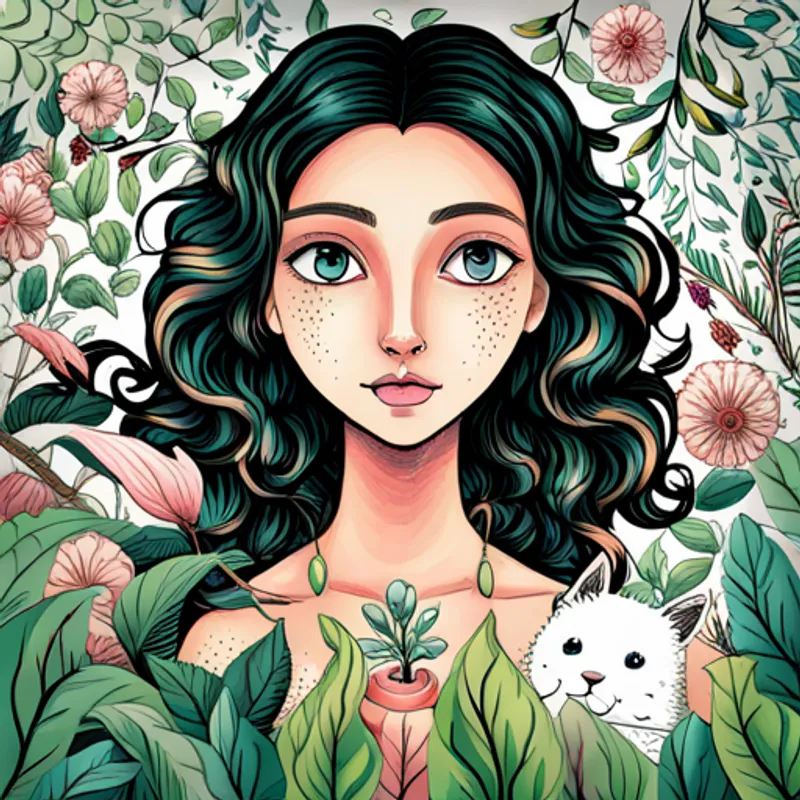 Menina curiosa com lupa e cabelo preto rodeada por um Animal verde com grandes asas contando piadas, um Animal rosa com um chifre branco cantando e um Animal azul com cauda comprida pintando