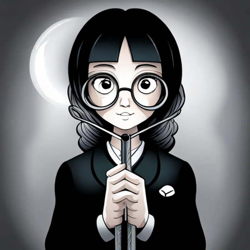 Menina curiosa com lupa e cabelo preto recebendo uma caixa de lápis de cor mágicos dos seus amigos mágicos