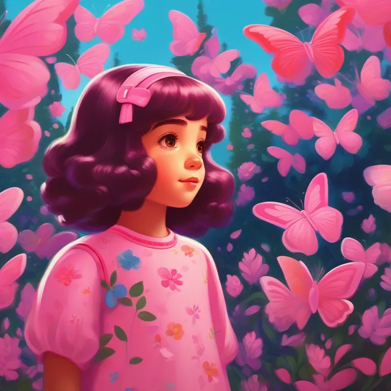 Menina sapeca com faixa rosa no cabelo. desenhando com suas asas de borboleta.