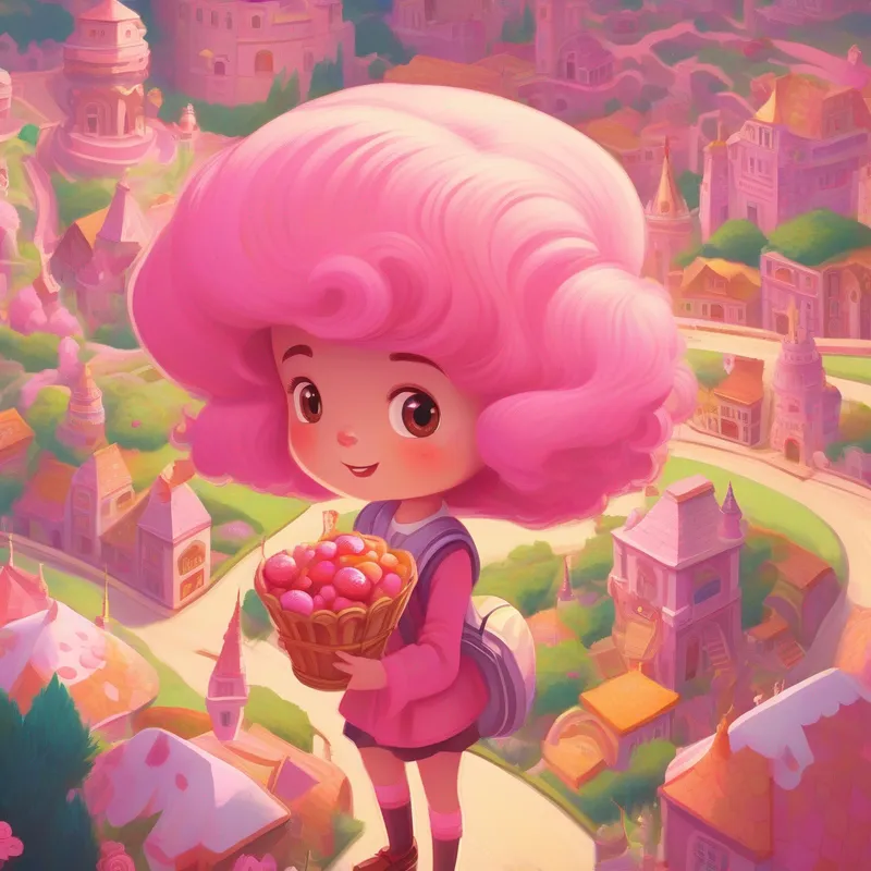 Menina sapeca com faixa rosa no cabelo. segurando um mapa e um baú cheio de doces.