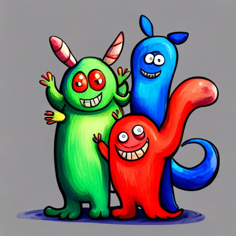 Red monster with a curly tail, happy and playful. with red fur, Blue monster with big ears, kind and helpful. with blue fur, Green monster with long arms, smart and friendly. with green fur