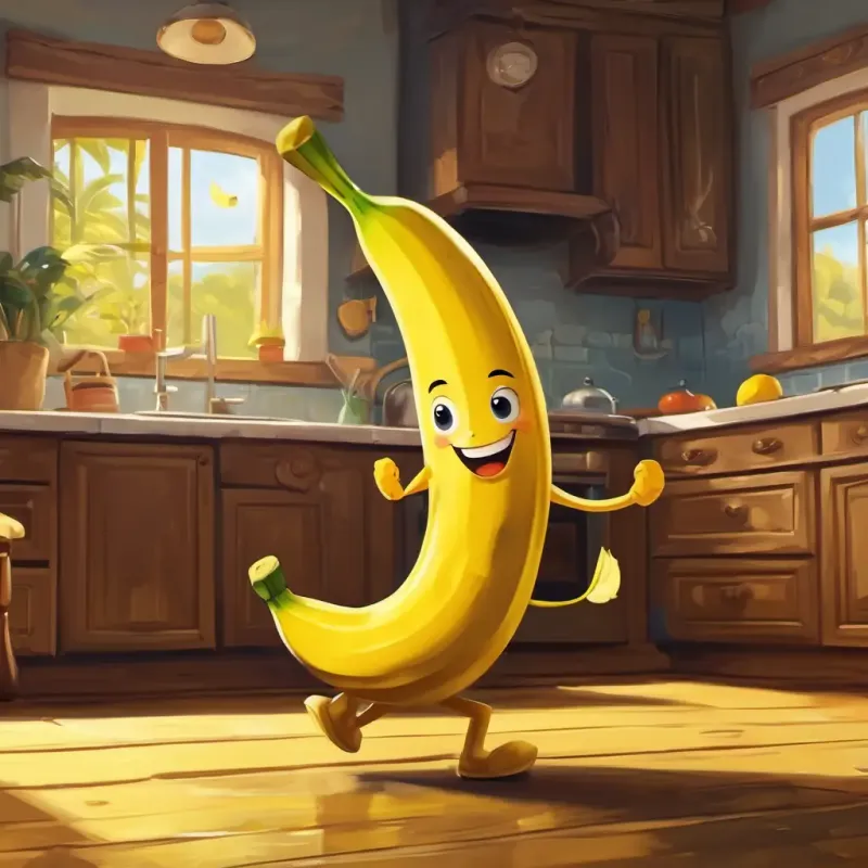 bright yellow banana with a big smile the Banana rolls off the table and onto the kitchen floor, excited for his adventure.