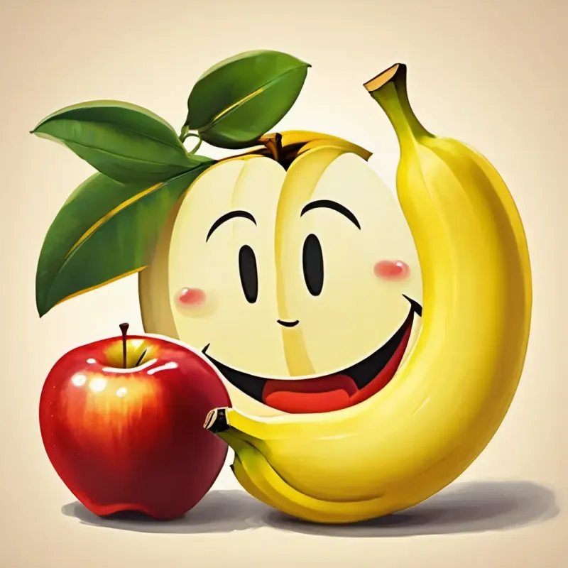 bright yellow banana with a big smile the Banana meets shiny red apple with a cheeky grin the Apple, a shiny red apple with a cheeky grin.