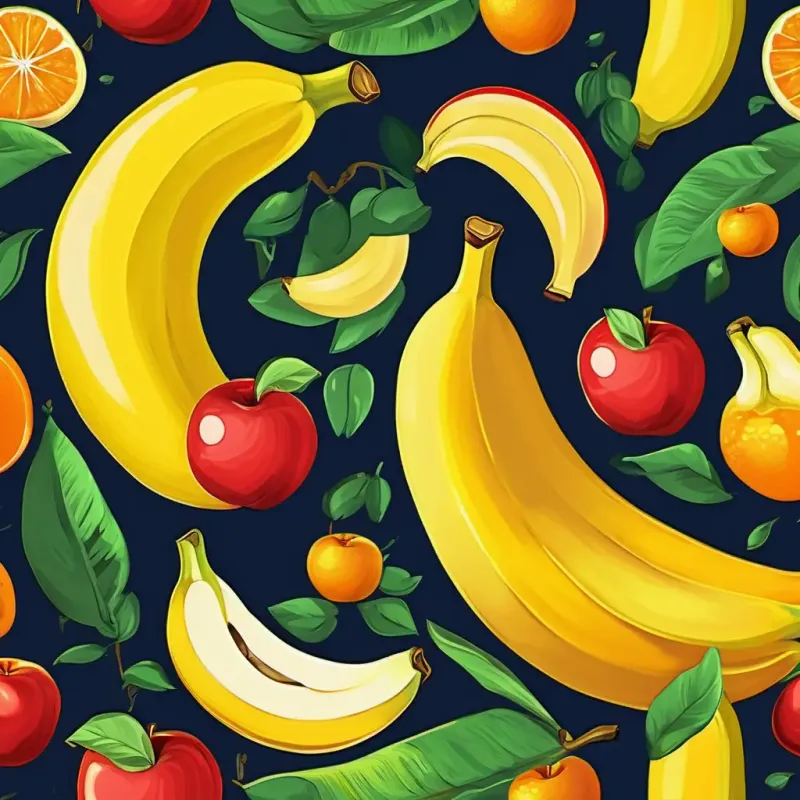 bright yellow banana with a big smile the Banana and shiny red apple with a cheeky grin the Apple meet bright orange orange with a sweet aroma the Orange, a bright orange orange with a sweet aroma.