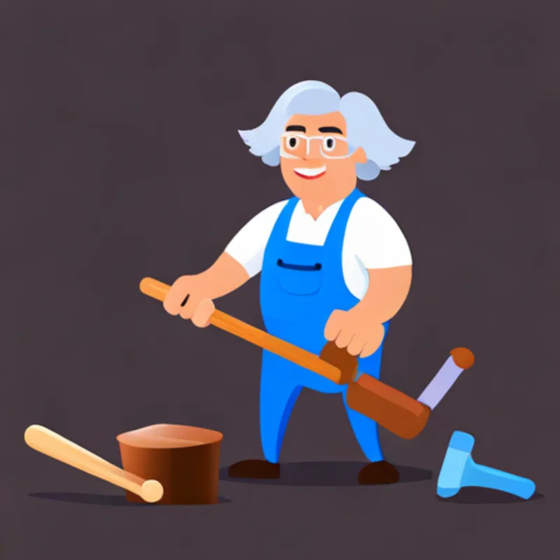 Bob, a master carpenter, shapeshifts with magical tools holding a wooden hammer, surrounded by magical tools