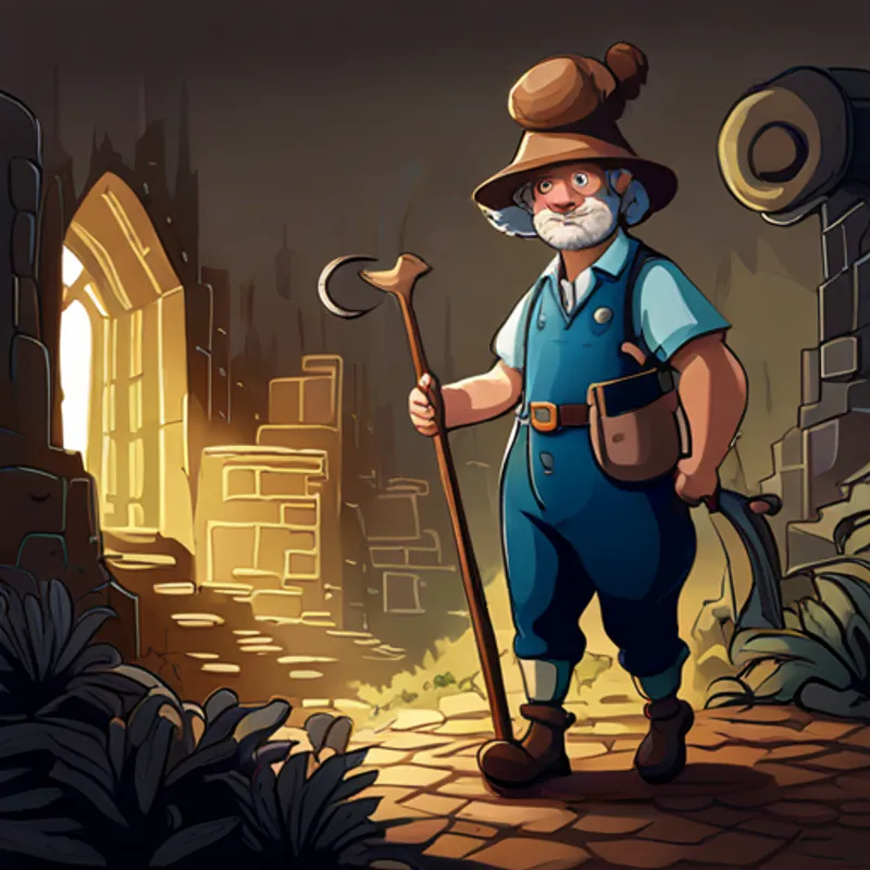 Bob, a master carpenter, shapeshifts with magical tools wearing a explorer's hat, walking through ancient ruins