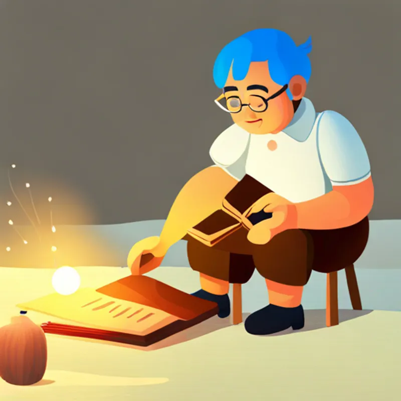 Bob, a master carpenter, shapeshifts with magical tools reading a book with a shining golden light