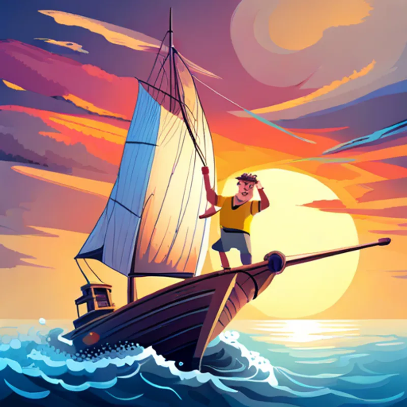 Bob, a master carpenter, shapeshifts with magical tools on a sailboat with a big smile, waves splashing