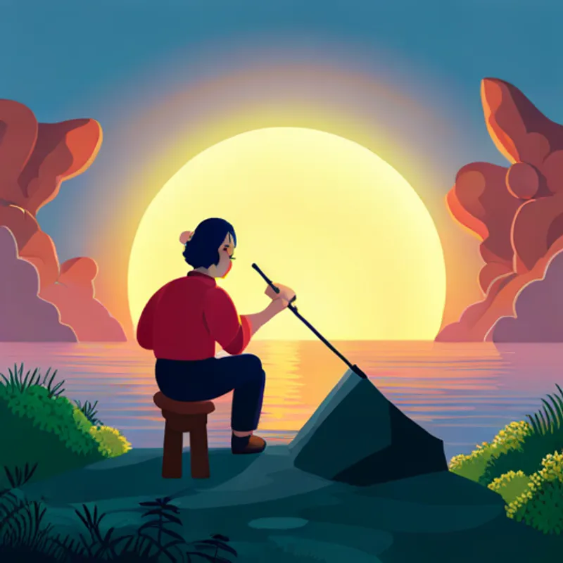 Bob, a master carpenter, shapeshifts with magical tools sitting on a rock, watching a beautiful sunset