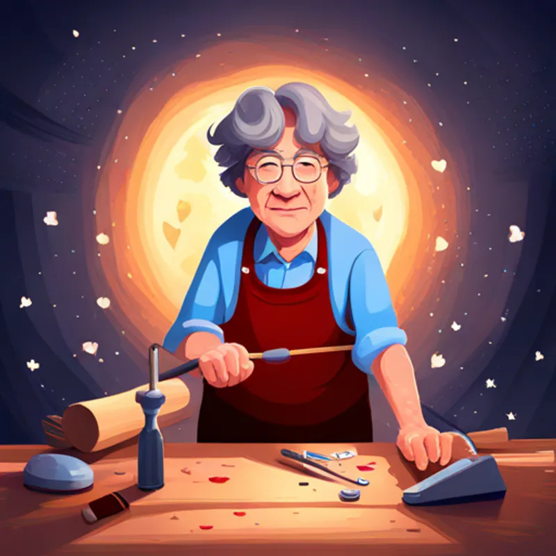 Bob, a master carpenter, shapeshifts with magical tools surrounded by hearts and stars, filled with happiness