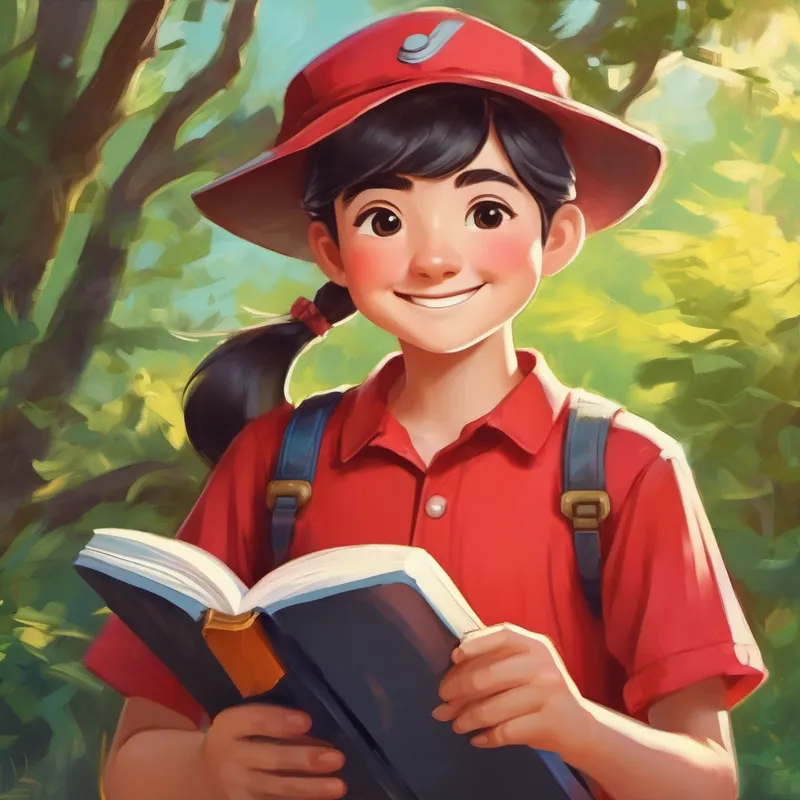 Kind and caring, always wearing a red shirt smiling, holding a book