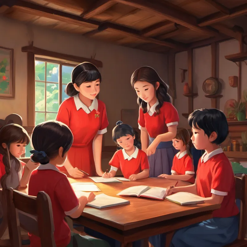 Kind and caring, always wearing a red shirt teaching a group of girlren