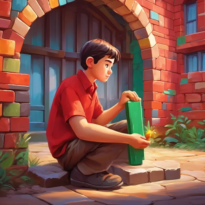 Kind and caring, always wearing a red shirt building a school with colorful bricks