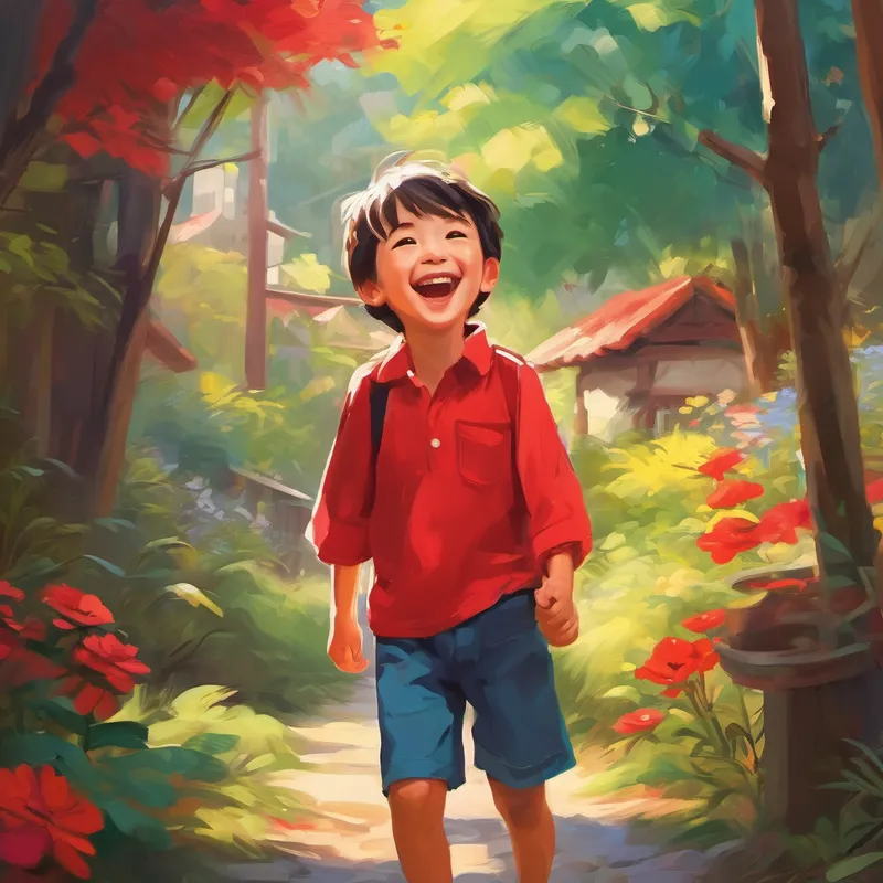 Happy and playful, wearing colorful clothes laughing and playing with Kind and caring, always wearing a red shirt