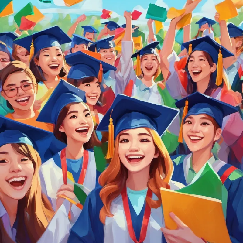 Happy and playful, wearing colorful clothes wearing graduation caps and holding diplomas