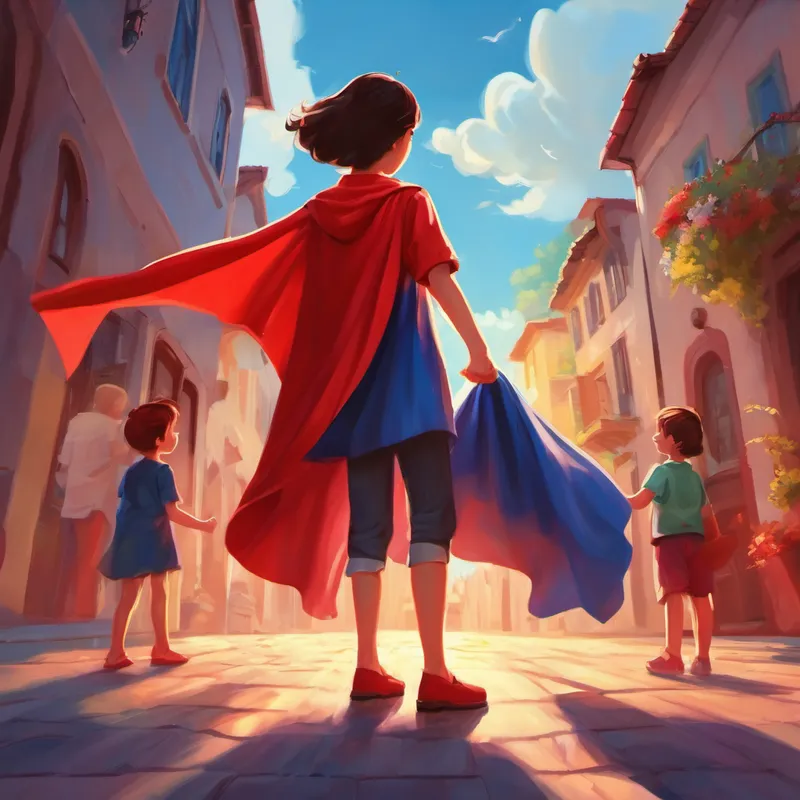 Kind and caring, always wearing a red shirt surrounded by happy girlren, holding a superhero cape
