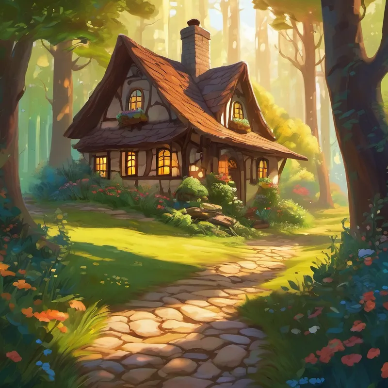 Hand in hand, Arthur and Meg followed the pebble path, their excitement mounting with every step. The vibrant hues of the trees and the interesting creatures they came across made the journey feel like something out of a dream. As they walked deeper into the forest, they suddenly stumbled upon a charming little cottage hidden amongst the trees. Its chocolate-brown windows sparkled in the sunlight, and the sweet aroma of freshly baked gingerbread wafted through the air. The cottage was straight out of a fairy tale!