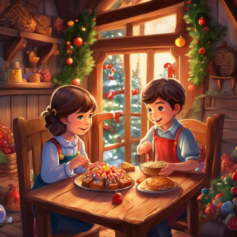 With sparkling eyes, Arthur and Meg approached the cottage and carefully opened the door. To their surprise, a marvelous feast awaited them inside. The table was filled with all sorts of delectable treats - candy canes, marshmallow clouds, and cookies of every shape and size! The scent of sugary goodness tickled their noses, and their mouths watered with delight. Just as they were about to take a bite, a friendly voice echoed from a room nearby, "Welcome, dear children!" Startled but intrigued, the siblings listened closely. "I have prepared this feast for you two. Please come in and enjoy!"