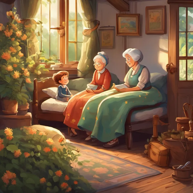 Arthur and Meg hesitated momentarily but decided to enter the room. There, they met a kind and gentle old lady who introduced herself as Granny Hazel. Her warm smile melted their worries away, and they couldn't resist her invitation. Granny Hazel told them stories of her own adventures as a child and shared her wisdom with the little wanderers. Nighttime approached, and Arthur and Meg yawned, feeling the weight of their eyelids. Granny Hazel, sensing their fatigue, showed them to a cozy room with soft beds. Snuggled tightly under their covers, Arthur and Meg drifted to sleep, dreaming of magical forests and new adventures.