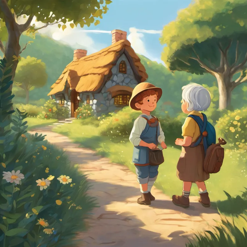 In the morning, as the sun stretched its golden fingers through the window, Granny Hazel woke them up. She placed two magical stones in their small hands. "Remember," she whispered, her eyes twinkling, "these little stones will guide you on your future quests. Adventure awaits you, my brave young explorers." With heartfelt goodbyes, Arthur and Meg left Granny Hazel's cottage but not without filling their pockets with a few gingerbread cookies. As they followed the now-familiar pebble path back home, they vowed to always stay true to themselves, cherish their adventures, and spread Granny Hazel's kindness and wisdom.