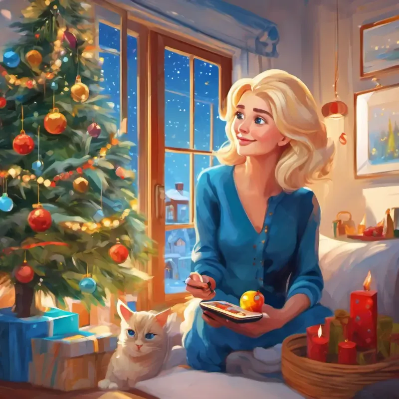 Blonde hair, blue eyes, bright and cheerful at home, glued to her mobile, mom trying to encourage her to go out.