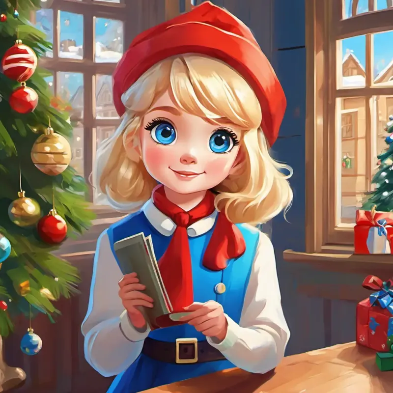 Blonde hair, blue eyes, bright and cheerful's friends inviting her to play outside, Blonde hair, blue eyes, bright and cheerful refusing and staying home.