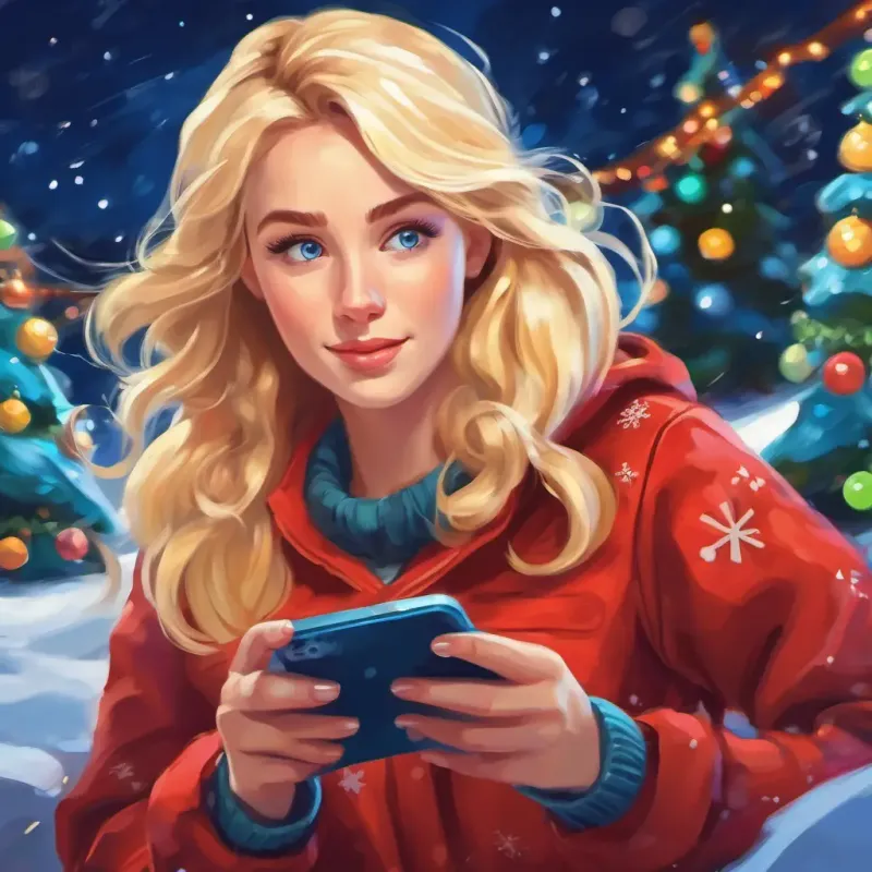 Blonde hair, blue eyes, bright and cheerful playing a game on her mobile, getting lost in it and losing track of time.