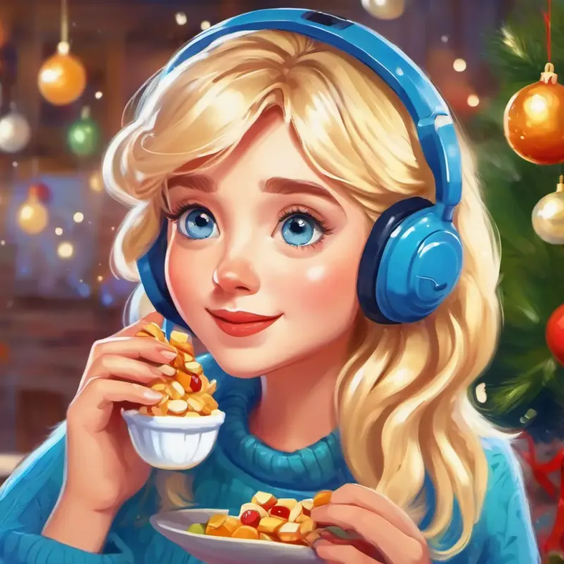Blonde hair, blue eyes, bright and cheerful snacking while using her mobile, realizing discomfort from overeating.