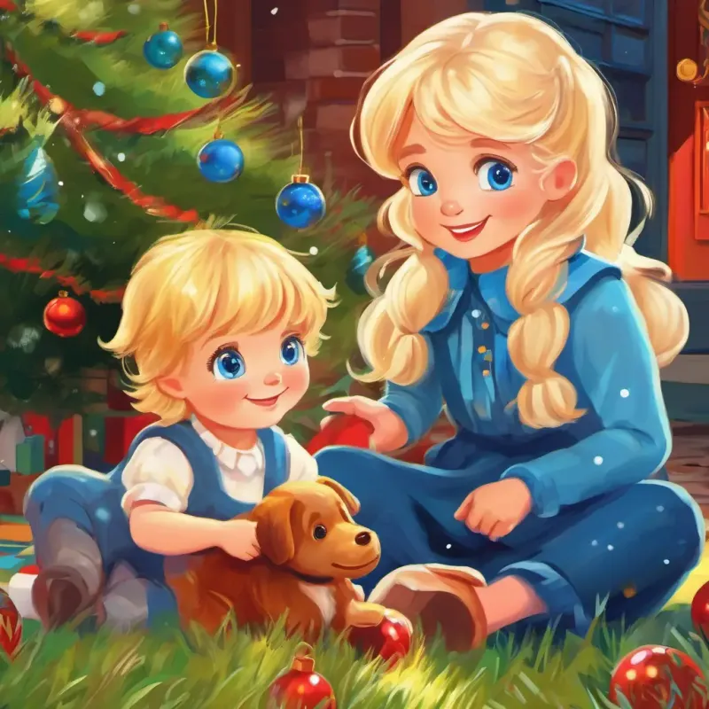 Blonde hair, blue eyes, bright and cheerful making a new friend while playing outside and having fun.