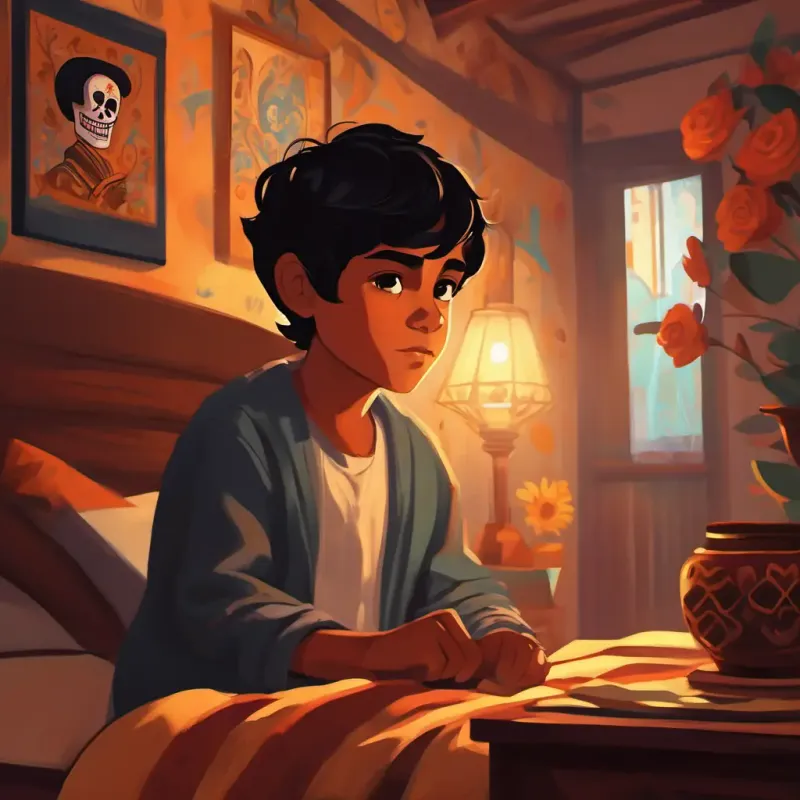 Young boy, brown skin, dark brown eyes, short black hair in his bedroom, morning of Día de Muertos.