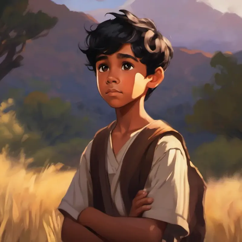 Young boy, brown skin, dark brown eyes, short black hair whispering thanks to his ancestors, feeling their presence.