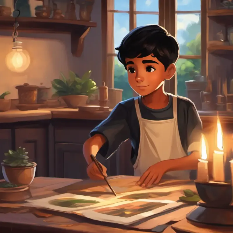 Young boy, brown skin, dark brown eyes, short black hair setting up a table with family photographs.