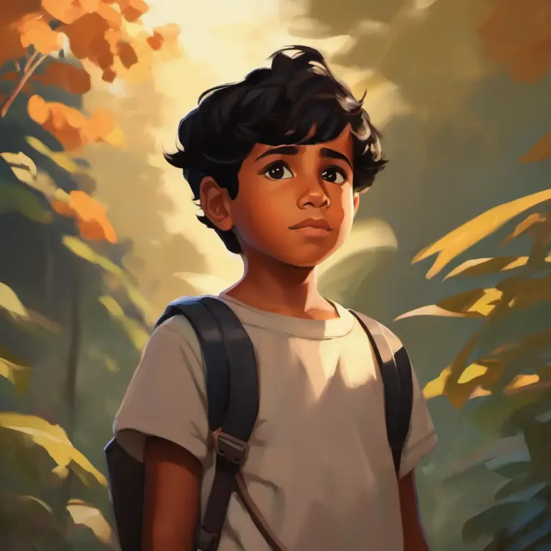 Young boy, brown skin, dark brown eyes, short black hair reflecting on family stories associated with each photograph.