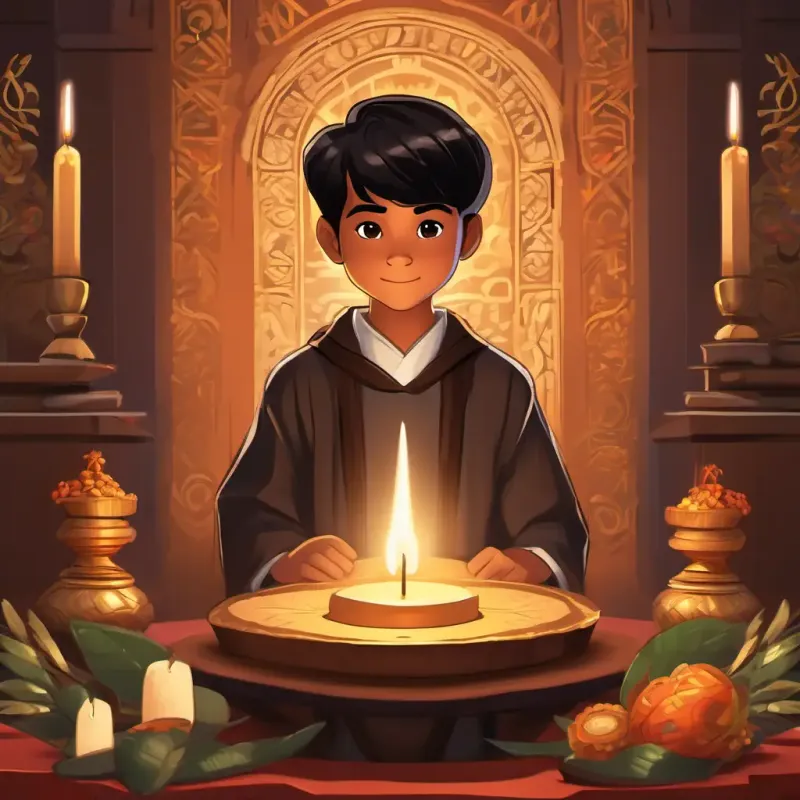 Young boy, brown skin, dark brown eyes, short black hair decorating the altar with traditional items.