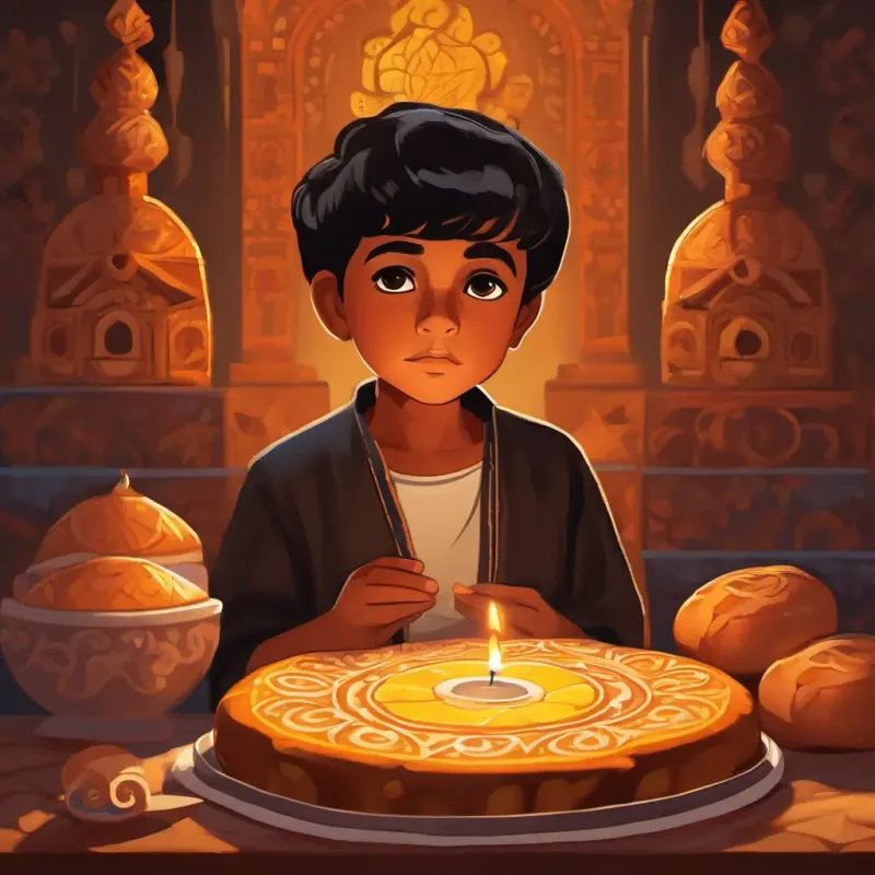 Young boy, brown skin, dark brown eyes, short black hair adding 'pan de muerto' to the altar, contemplating.