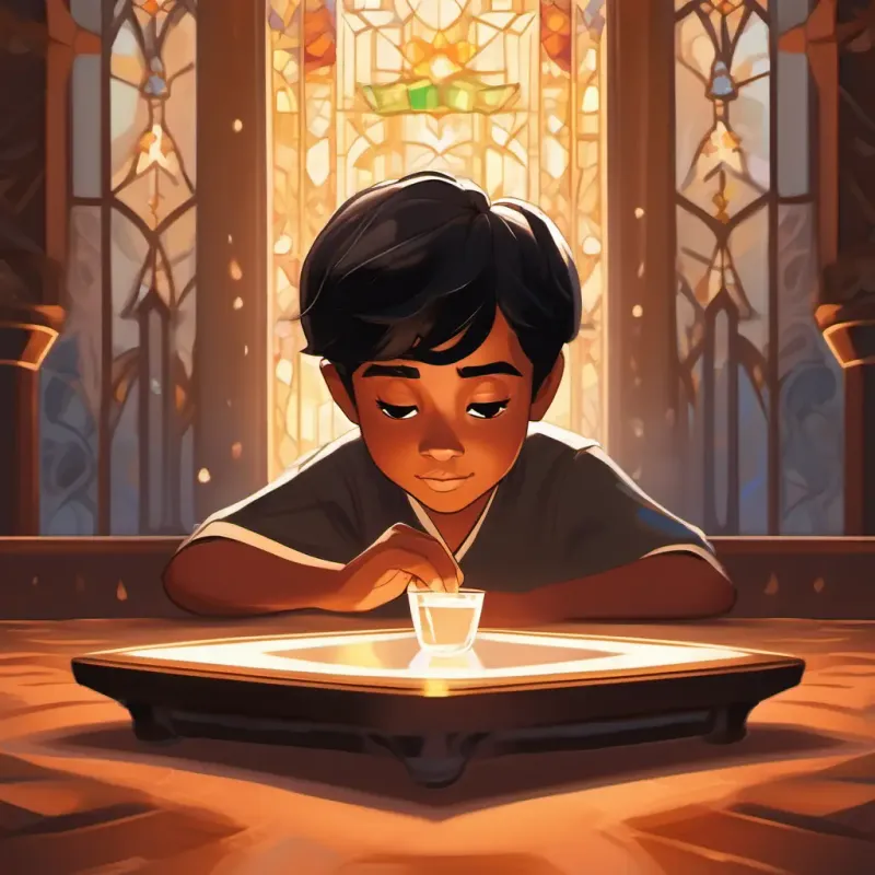 Young boy, brown skin, dark brown eyes, short black hair placing a glass of water on the altar, thoughtful.