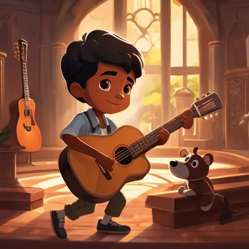 Young boy, brown skin, dark brown eyes, short black hair adds his grandfather's guitar to the altar.