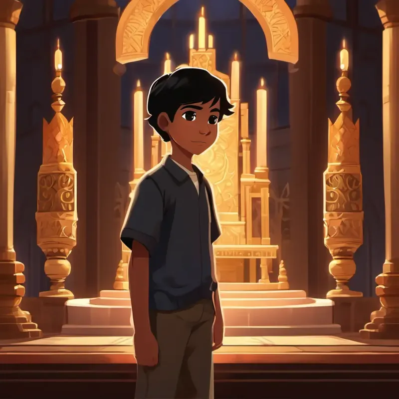 Young boy, brown skin, dark brown eyes, short black hair waiting in front of the completed altar.