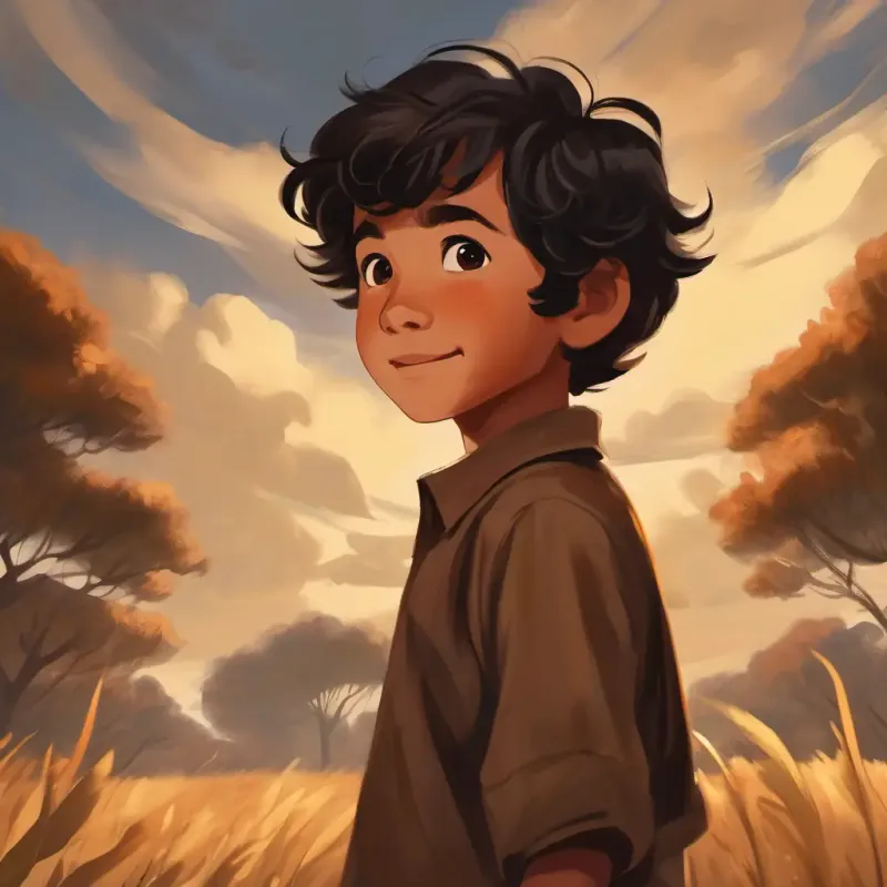 A gust of wind, a symbolic presence of ancestors, Young boy, brown skin, dark brown eyes, short black hair is smiling.