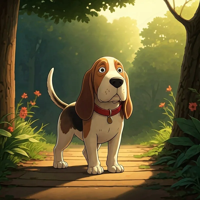A hound dog with floppy ears and a happy tail