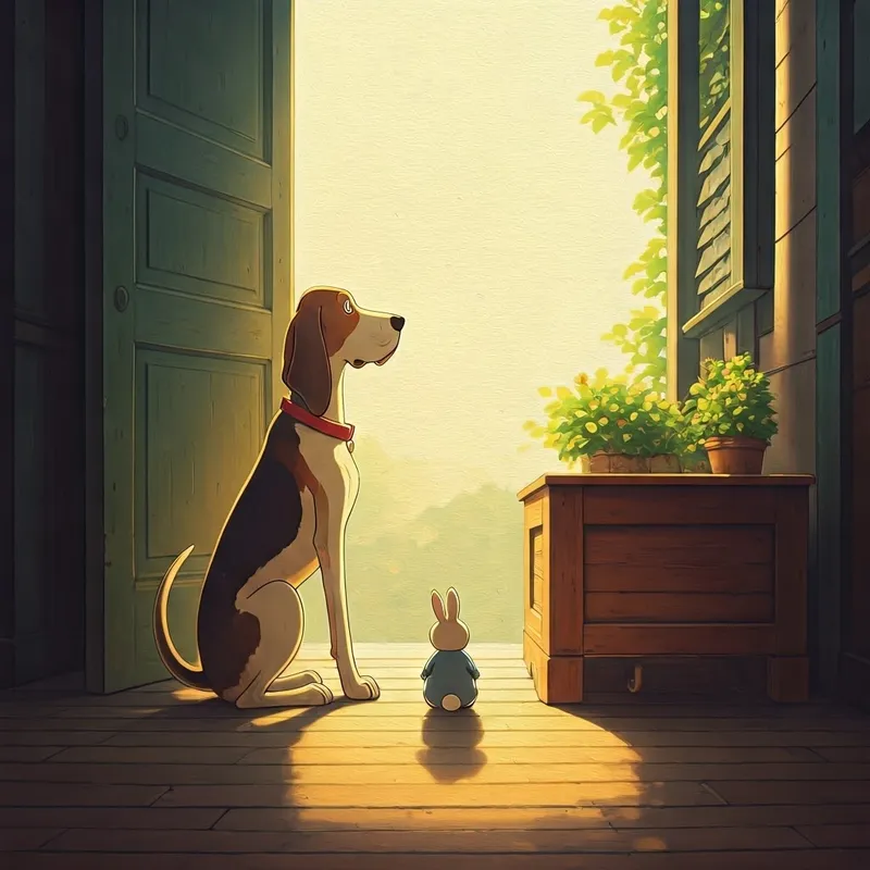 A hound dog and a bunny looking at each other in surprise