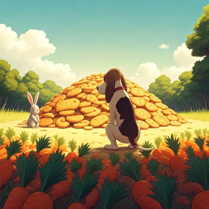 A disappointed hound dog and bunny looking at a mountain of biscuits and a field of carrots
