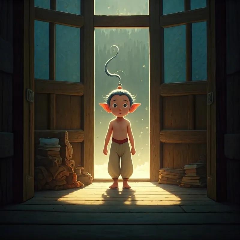 A tiny genie looking concerned