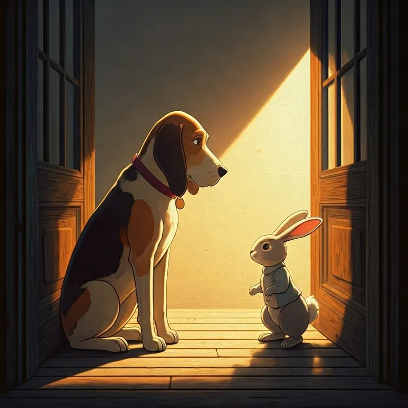 A hound dog and a bunny looking at each other knowingly