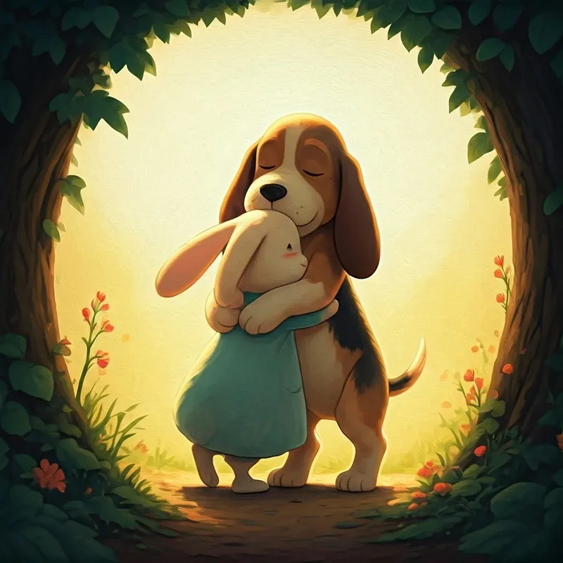 A hound dog and a bunny hugging