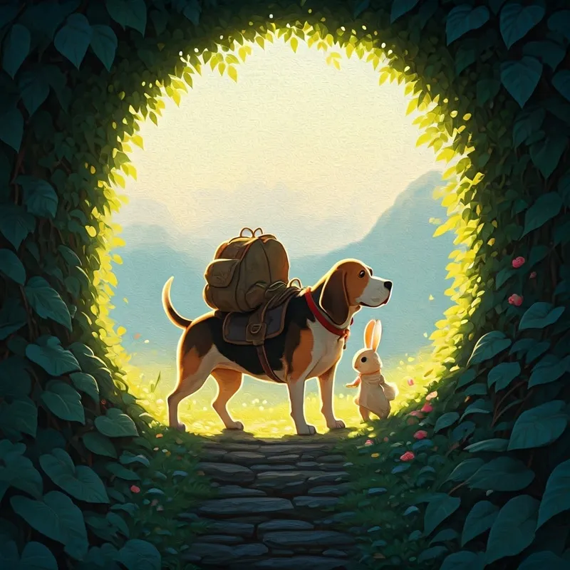 A hound dog and a bunny on an adventure