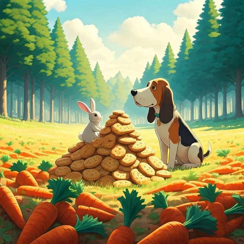 A hound dog and a bunny sharing a mountain of biscuits and a field of carrots with their friends