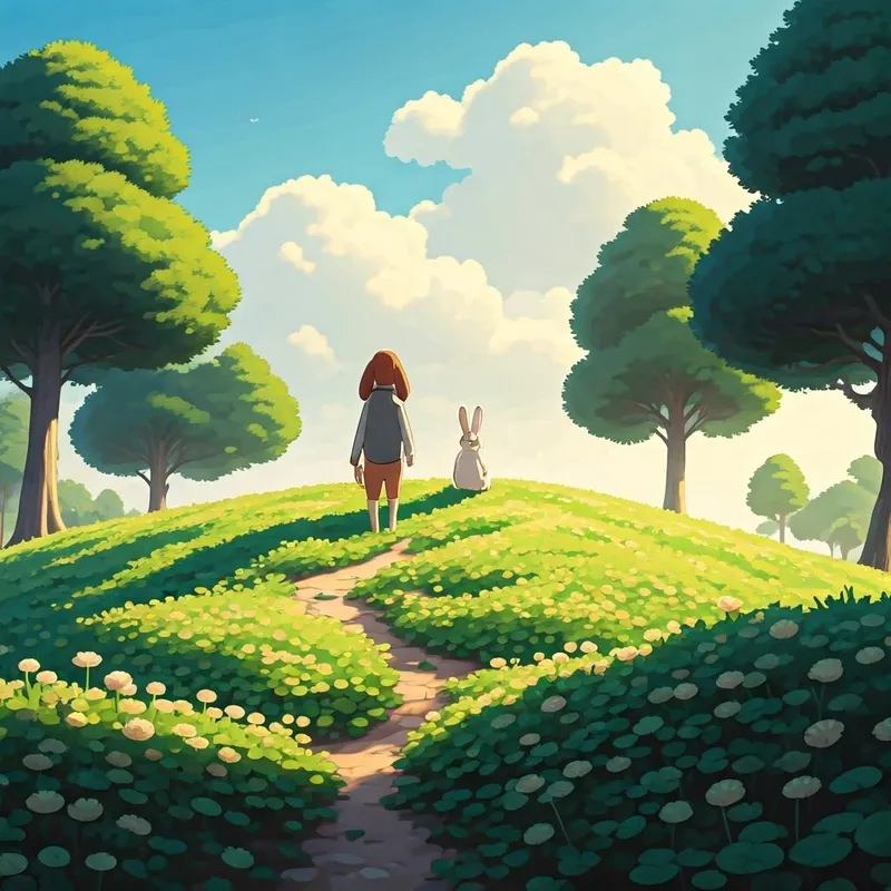 A hill covered in clover with a hound dog and a bunny